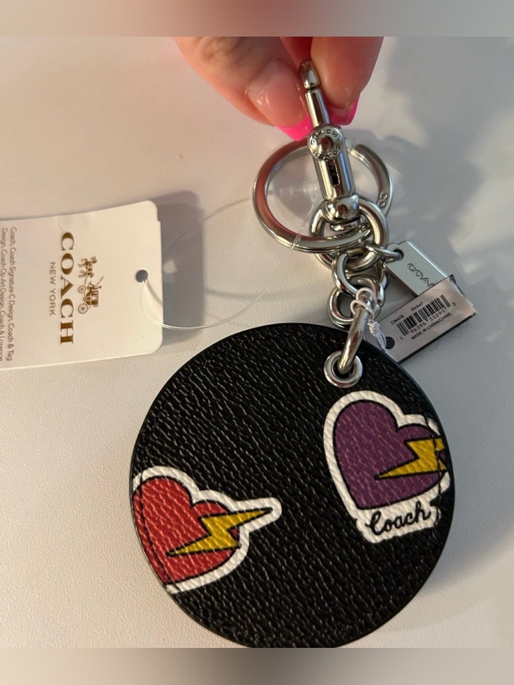 NWT Coach Black Leather Heart Lightning Bag Charm or Keychain with Mirror